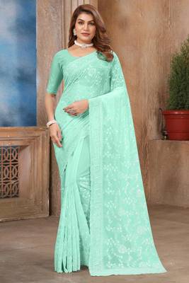 Sea Green Sequin embroidered Georgette Saree With Unstitch Blouse Piece 1