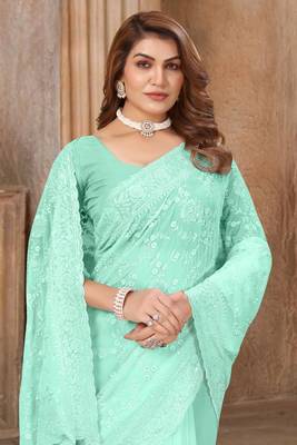 Sea Green Sequin embroidered Georgette Saree With Unstitch Blouse Piece 2