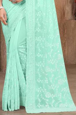 Sea Green Sequin embroidered Georgette Saree With Unstitch Blouse Piece 4