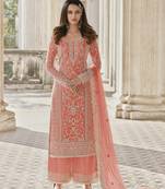 Peach embroidary and coding work heavy butterfly net with japan satin semistitched salwar suit