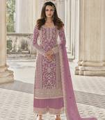 Lavender embroidary and coding work heavy butterfly net with japan satin semistitched salwar suit