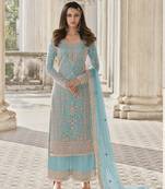 Sky blue embroidary and coding work heavy butterfly net with japan satin semistitched salwar suit