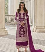Wine embroidary and coding work heavy butterfly net with japan satin semistitched salwar suit