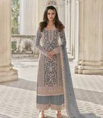 Grey embroidary and coding work heavy butterfly net with japan satin semistitched salwar suit