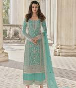 Turquoise embroidary and coding work heavy butterfly net with japan satin semistitched salwar suit