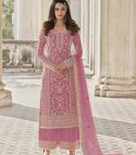Light pink embroidary and coding work heavy butterfly net with japan satin semistitched salwar suit
