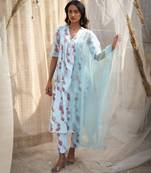 Light blue base floral leaf print kurta set