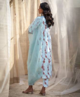 Light blue base floral leaf print kurta set 2