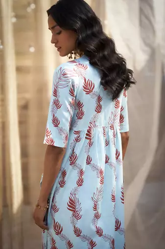 Light blue base floral leaf print kurta set