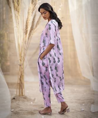 Pink base floral leaf print kurta set 2
