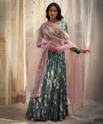 Green Base Floral Leaf Print Lehenga Set 1