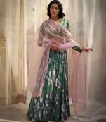 Green Base Floral Leaf Print Lehenga Set