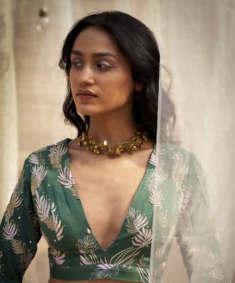Green Base Floral Leaf Print Lehenga Set 2