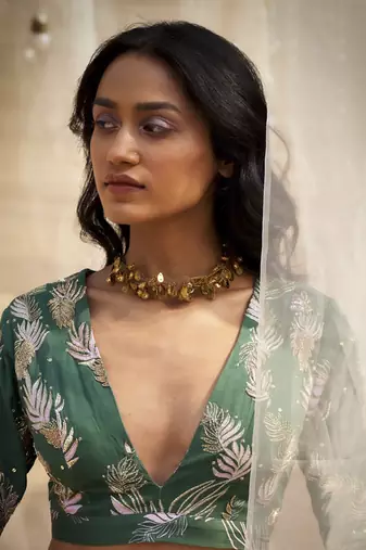 Green Base Floral Leaf Print Lehenga Set