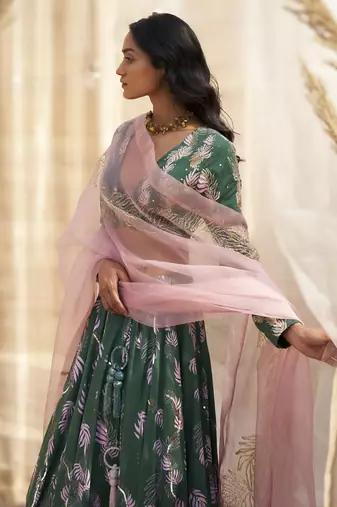 Green Base Floral Leaf Print Lehenga Set