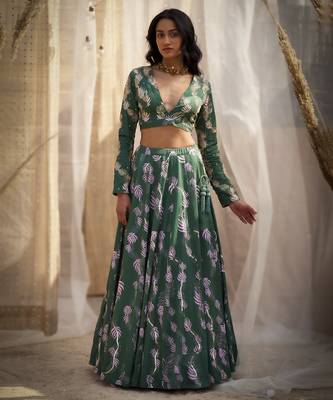 Green Base Floral Leaf Print Lehenga Set 1