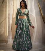 Green Base Floral Leaf Print Lehenga Set