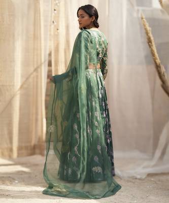 Green Base Floral Leaf Print Lehenga Set 2