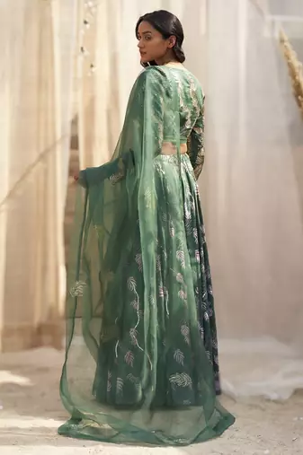 Green Base Floral Leaf Print Lehenga Set