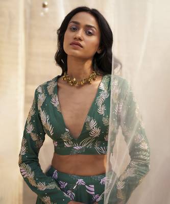 Green Base Floral Leaf Print Lehenga Set 3
