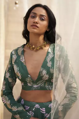 Green Base Floral Leaf Print Lehenga Set