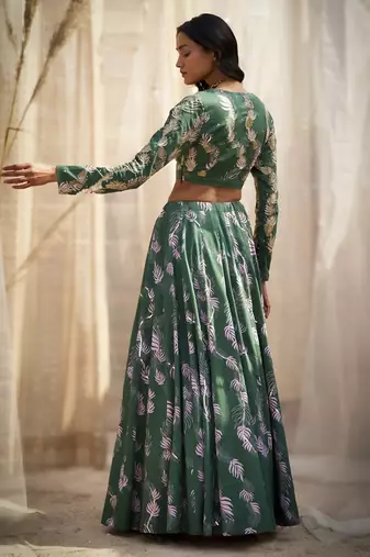 Green Base Floral Leaf Print Lehenga Set
