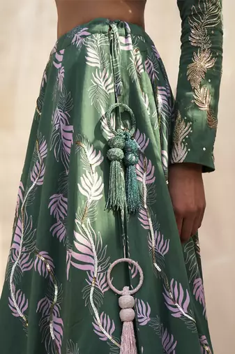 Green Base Floral Leaf Print Lehenga Set