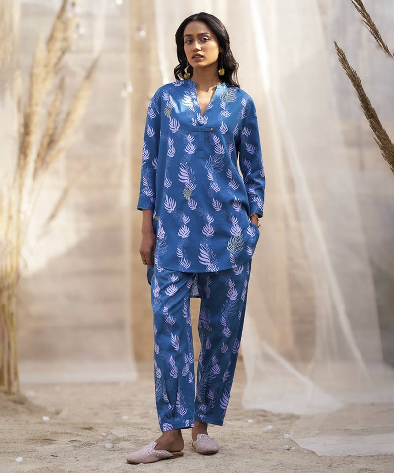 Deep blue base floral leaf print co ord set