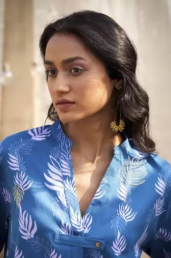 Deep blue base floral leaf print co ord set