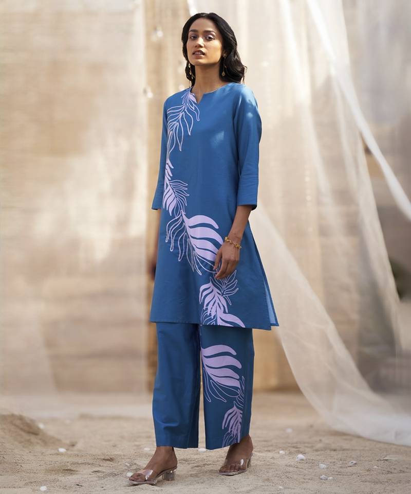 Deep blue base floral leaf print co ord set