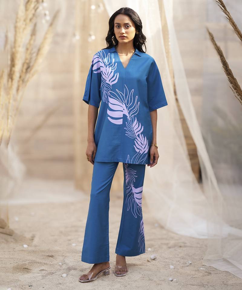 Deep blue base floral leaf print co ord set