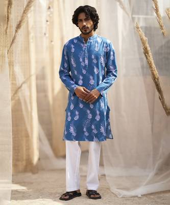 Deep blue base floral leaf print kurta set for men 1
