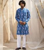 Deep blue base floral leaf print kurta set for men
