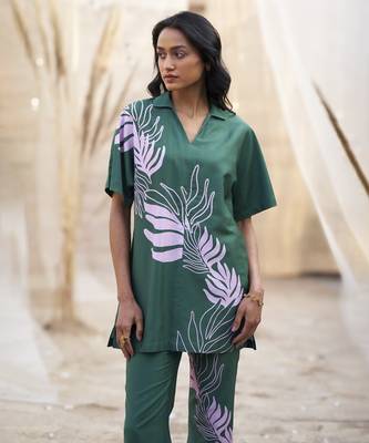 Green base floral leaf print co ord set 2