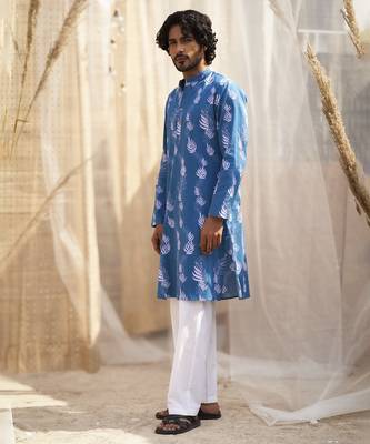 Deep blue base floral leaf print kurta set for men 2