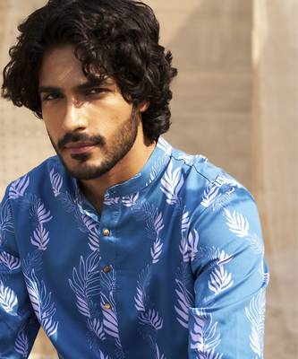 Deep blue base floral leaf print kurta set for men 3