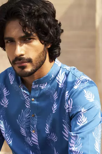 Deep blue base floral leaf print kurta set for men