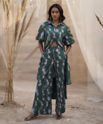 Green base floral leaf print co ord set 1