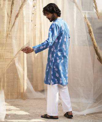 Deep blue base floral leaf print kurta set for men 4
