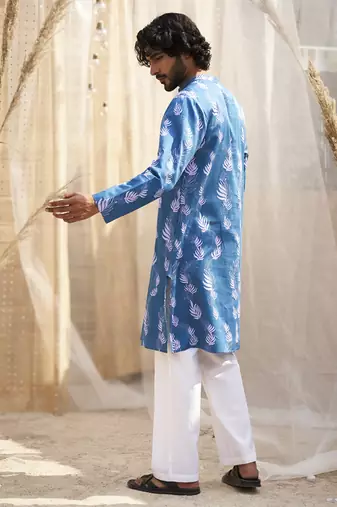 Deep blue base floral leaf print kurta set for men