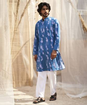 Deep blue base floral leaf print kurta set for men 5