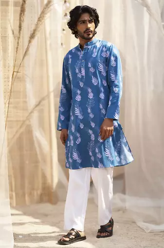 Deep blue base floral leaf print kurta set for men