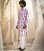 Pink base floral leaf print kurta set