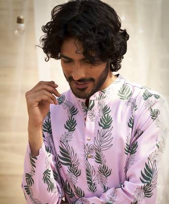Pink base floral leaf print kurta set 2