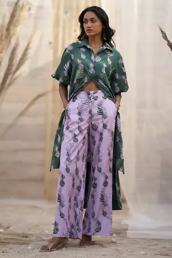 Green base floral leaf print co ord set