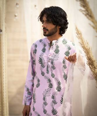 Pink base floral leaf print kurta set 3