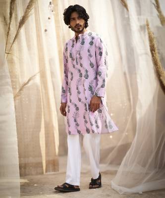 Pink base floral leaf print kurta set 4