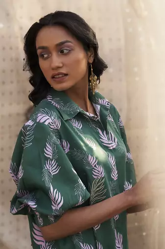 Green base floral leaf print co ord set