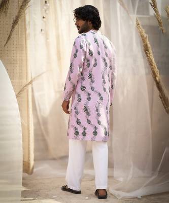 Pink base floral leaf print kurta set 5