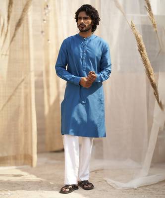 Deep blue base floral leaf print kurta set for Men 1